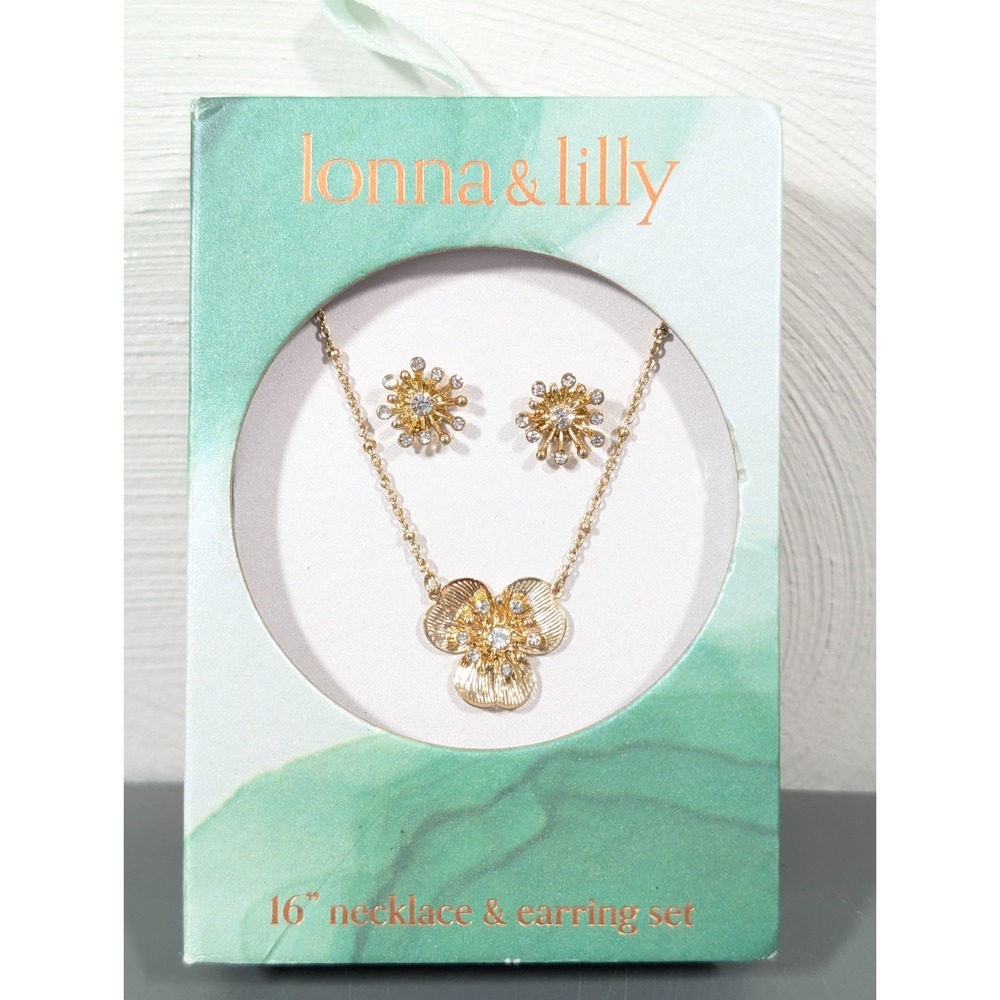 Lonna & Lilly Necklace Earring Set Gold Tone Flower Rhinestone Boho